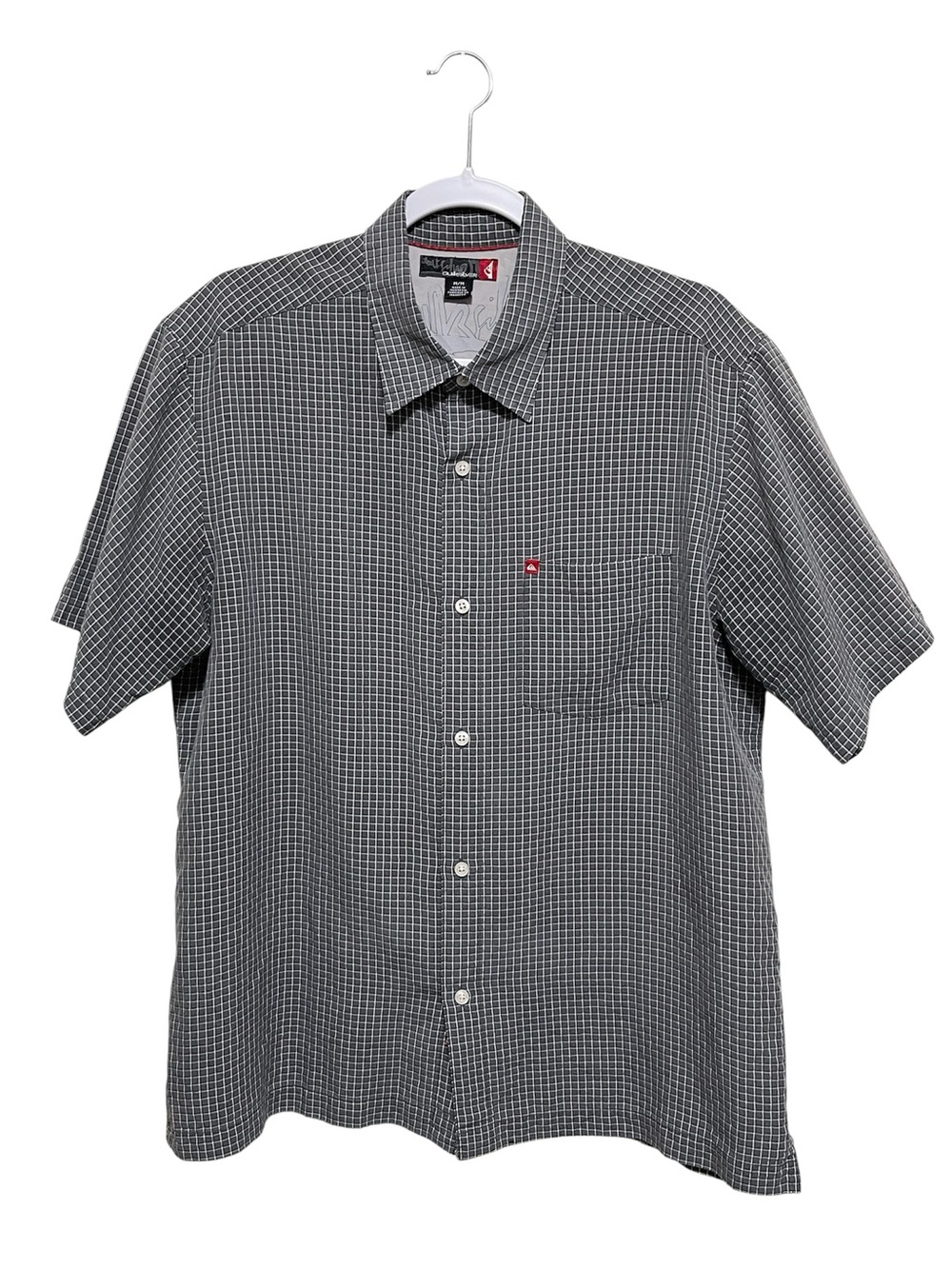 Quiksilver Lightweight Check Pattern Button Up Shirt Short-Sleeve Grey Men M